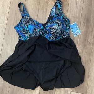 Longitude Women's Plus Ferntastic Draped Crossover Long Torso Swimdress Size 22W